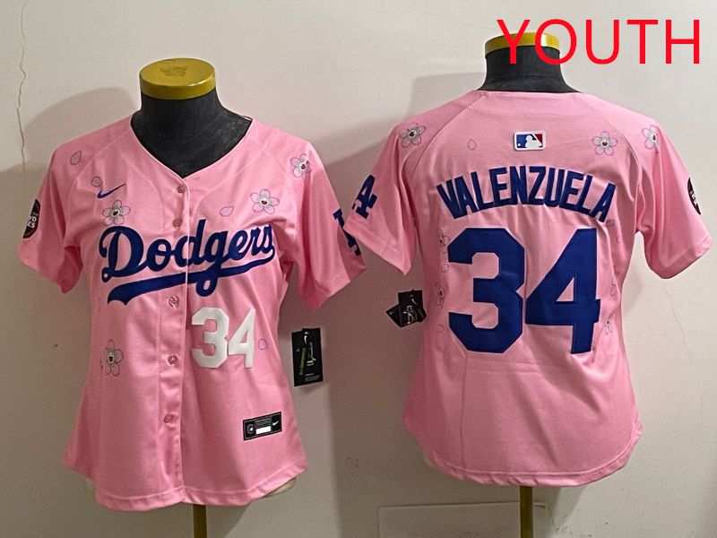 Youth Los Angeles Dodgers 34 Valenzuela Pink Sakura Edition 2025 Nike MLB Jersey style 32